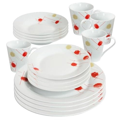 Image of 16 Piece Dinner Set - Cream & Red Patterns Dinnerware Set | 4 Bowls, 4 Side Plates, 4 Mugs, 4 Soup Plates | Kitchen Microwave & Dishwasher Safe | for Cereal, Desserts, Tea, Porcelain Cup, Gift