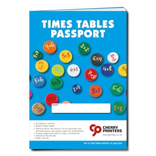 Image of Cherry Printers | Times Tables Workbook A5 | KS1 KS2 Maths Practice Book | Multiplication Tables Learning Passport | 36pp Study Guide with Fractions | Prime Numbers | Measure Conversions & Percentages