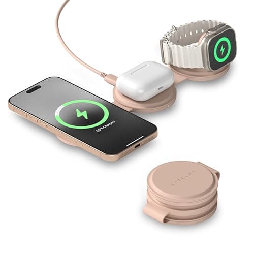 Image of SATECHI OntheGo™ 3 in 1 Wireless Charger, Qi2 Portable Travel Station with Fast Charging for iPhone 17–12, Apple Watch & AirPods, Desert Rose (𝗨𝗦𝗕-𝗖 𝗖𝗵𝗮𝗿𝗴𝗲𝗿 𝗺𝗶𝗻 𝟯𝟲𝗪 𝗥𝗲𝗾𝘂𝗶𝗿𝗲𝗱)