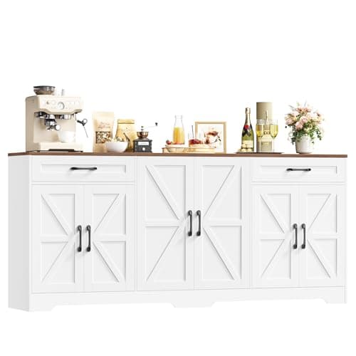 Image of HOCSOK Sideboard, 180cm Large Kitchen Sideboard with 6 Barn Doors & 2 Drawers, Farmhouse Kitchen Cabinet with Adjustable Shelves, Buffet Cabinet for Living Room, Dining Room, White, 180x87x34 cm