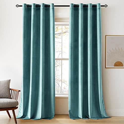 Image of Woaboy Velvet Curtains 90 Drop Teal Curtain for Living Room Thermal Blackout for Bedroom Luxury Eyelet Drapes Super Soft Window Treatment Insulated Soundproof & Room Darkening W 46 x L 90 2 Panels