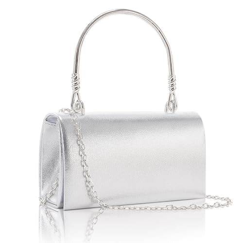 Image of Larcenciel Women's Clutches Silver, Top Handle PU Leather Evening Clutch Bags w/Detachable Chain, Small Metallic Ladies Crossbody Bag Fashion Handbag Shoulder Bags for Wedding, Prom, Party, 17x5x10cm