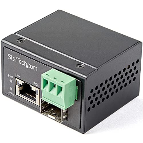 Image of StarTech.com PoE+ Industrial Fiber to Ethernet Media Converter 30W - SFP to RJ45 - Singlemode/Multimode Fiber to Copper Gigabit Ethernet - Mini/Compact Size - IP-30/ -40 to +75C (IMC1GSFP30W)