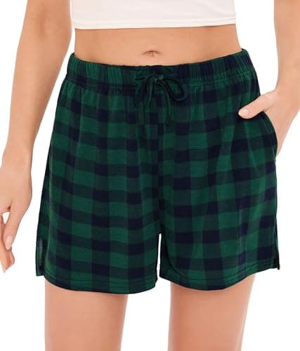 Image of Lovasy Women's Pyjama Bottoms Plaid Sleep Shorts Summer Pj Shorts for Women,Dark Green,S
