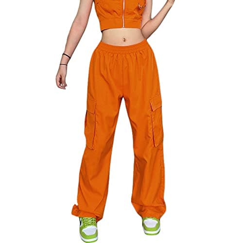 Image of Muineobuka Women Halloween Orange Cargo Pants Elastic Waist Orange Wide Leg Parachute Pants, Orange a, S