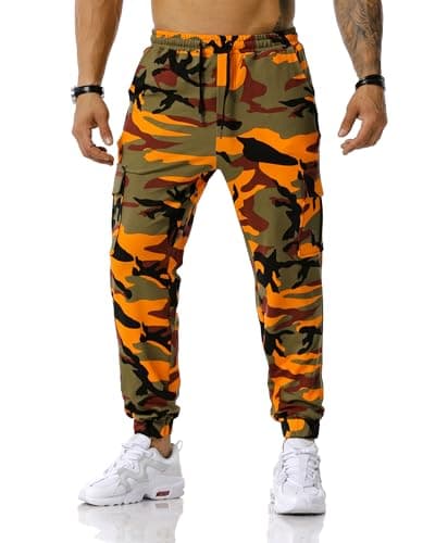 Image of MakingDa Camouflage Tracksuit Bottoms Men Camo Jogging Sports Trousers Cargo Joggers Pants Skinny Elastic Waist Drawstring Multi Pocket Work Combat Gym Sweatpants-Orange-36
