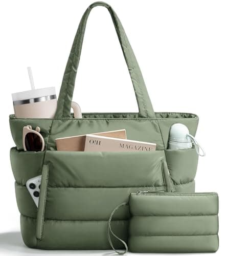 Image of Bagstellar Puffer Tote Bag for Women, Lightweight Puffy Work Handbag Teacher Nurse Quilted Shoulder Bag for School Travel Gym, Sage Green, L