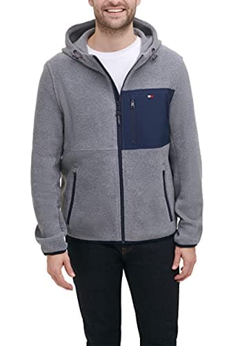 Image of Tommy Hilfiger Men's Hooded Performance Fleece Jacket, Light Grey/Navy Mixed Media, XL
