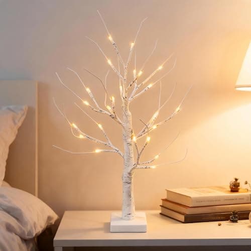 Image of White Twig Christmas Tree with Lights 2FT Tabletop Mini Birch Tree 24 Warm White LEDs Battery Operated for Home Party Wedding Easter Christmas Decoration