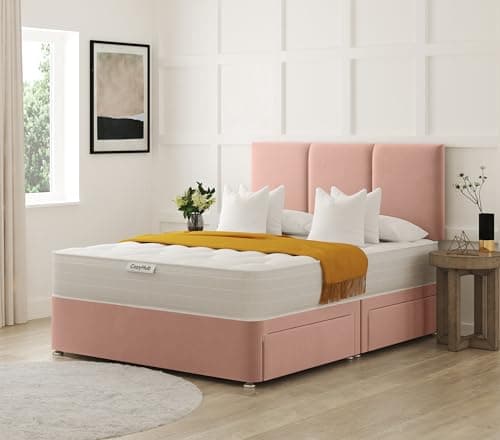 Image of COZY HUB LTD Panel Line Plush Velvet Divan Bed with 10 Inch Ortho Tufted Mattress & Headboard – Luxury Divan Set with Drawer Storage Options. (Pink, 4Ft- 2 Drawers)