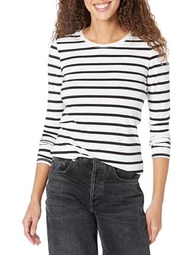 Image of Amazon Essentials Women's Regular-Fit Long-Sleeve Crewneck T-Shirt (Available in Plus Size), Black/White Stripes, S
