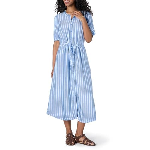 Image of Amazon Essentials Women's Relaxed Fit Half-Sleeve Waisted Midi Shirt Dress, Blue White French Stripes, M