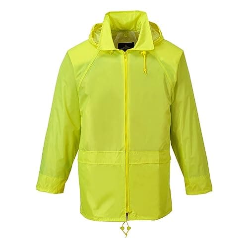 Image of Portwest S440 Classic Rain Jacket Waterproof Coat Windbreaker Raincoat Hooded Workwear Pack Away Taped Seams Vented EN 343 PFAS Free Texpel Splash Eco UPF 40+, Yellow, XL