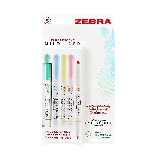 Image of Zebra Pen MILDLINER Dual Tip Fluorescent Highlighter Pens, Pastel Highlighter Pens For Adults, Broad & Fine Tip Markers & Highlighters For Many Uses, Double Ended Highlighters, 5 Pk - Assorted Colours