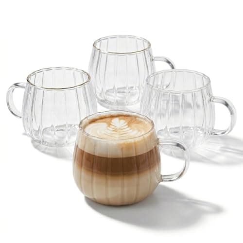 Image of Eden & Willow Borosilicate Glass Tea & Cappuccino Cup with Handle, Ideal for Hot and Cold Beverages - 350ml (Set of 4, Striped)