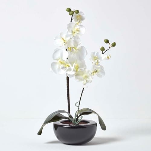 Image of HOMESCAPES Cream Orchid with Silk Flowers in Black Round Planter Pot 54 cm tall - Artificial Flowers and Plants for Indoor Decoration.