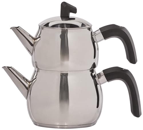 Image of Karaca Belinay Stainless Steel Tea Pot Set - Set of 1 Litre Teapot with Lid and Tea Sieve and Drinker Kettle 1.6 litres - 18/10 Stainless Steel - Medium, Silver Black