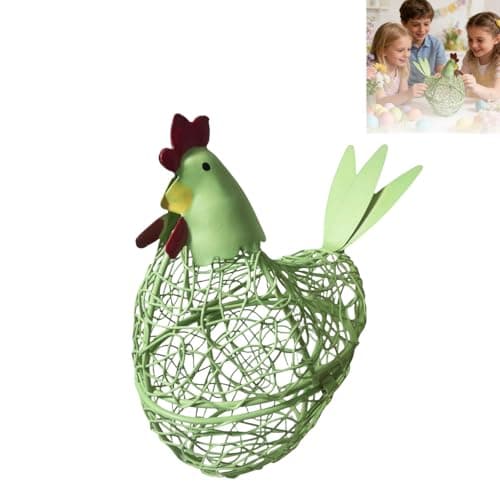 Image of Metal Wire Chicken Egg Basket, Pastel Hen Shaped Storage Holder for Countertop, Rustic Farmhouse Kitchen Organiser and Easter Table Display Decor (Green)