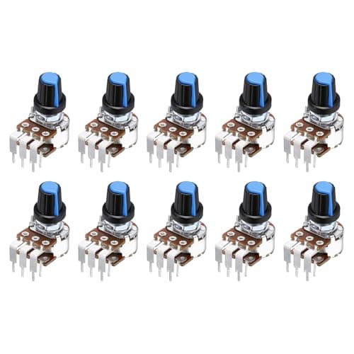 Image of sourcing map 10Set WH148 B10K Ohm Potentiometer Kit, 6-Pin 15mm Shaft Dual Taper Rotary Linear Potentiometer with 15x17mm Blue Plastic Knob for Audio Volume Control Motor Speed Regulation