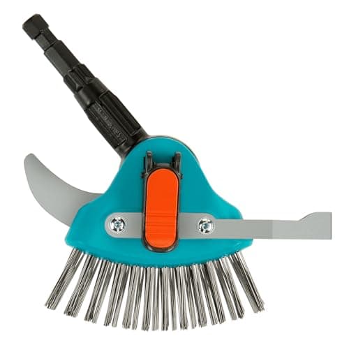Image of Gardena combisystem 3-in-1 Patio Cleaner: Multi-function garden tool for removing tares and moss from narrow & wide patio joints, metal brush, stainless steel blade. For all cs handles (03608-20)