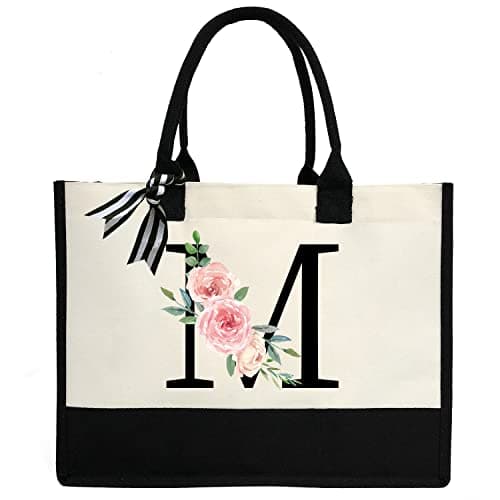 Image of ZHONYEE Personalized Initial Canvas Tote Bag for Women,Monogrammed Gift Tote Bag Waterproof Lining Inside for Wedding, Birthday, Holiday -Black M