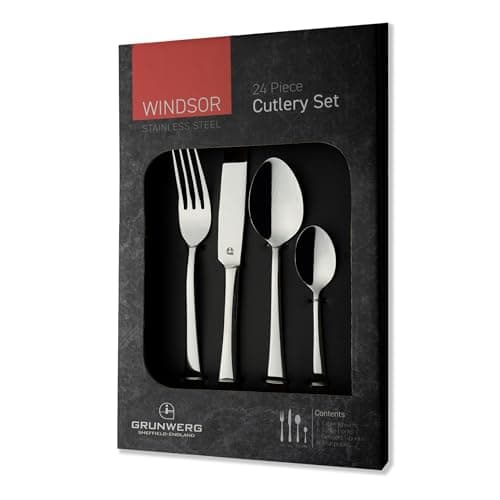 Image of Grunwerg Windsor 24-Piece Boxed Mirror Cutlery Set 24BXWDR, 18/0 Stainless Steel, Silver