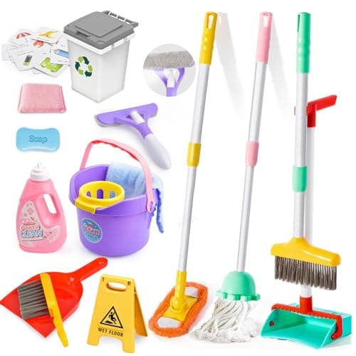 Image of 15PCS Kids Cleaning Toy Set,Toddler Adjustable Mop Broom & Dustpan Set, Pretend Housekeeping Cleaning Tool Toys for Children,Montessori Learning Gift Christmas Birthday Toys for Boy Girl Age 3 4 5 6
