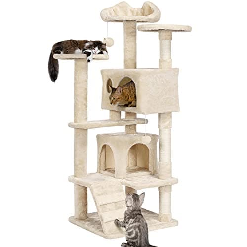 Image of Yaheetech 138.5cm Cat Tree Scratching Posts Cat Tower Activity Centre Climbing Tree House with Ladder for Indoor Kittens, Beige