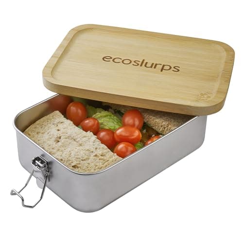 Image of EcoSlurps Large Stainless Steel LunchBoxes & leakproof Bamboo Lid - British designed lunchbox with 70% Recycled 304 Food-Grade Steel and clips. Plastic-Free, British leakproof Bento Box Kids & Adults