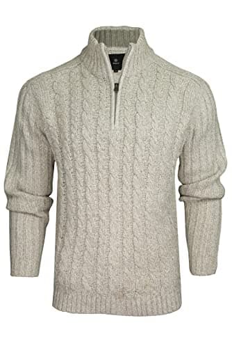 Image of Xact Men’s Quarter Zip Cable Knit Jumper, Chunky Funnel Neck 1/4 Zip Pullover, Regular Fit Warm Smart Casual Knitwear (Grey Twist) L
