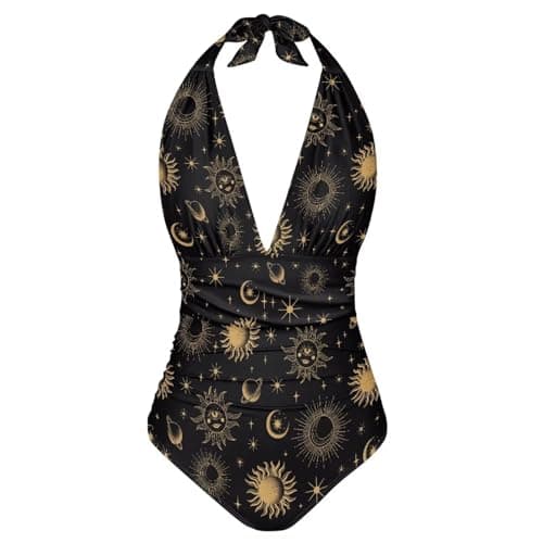 Image of ELEDIZI One Piece Swimsuit Women Tummy Control V Neck Sexy Bathing Suit Halter Top Ruched Swimwear Beach Outfit XS-3XL, Gothic Sun Moon and Stars, XL