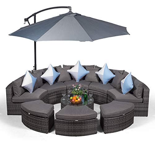 Image of Giardino Monaco Rattan Garden Sofa Set with Coffee Table, Stools, Parasol & Cover, Modular 10 Piece Semi Circle Patio Seating, Luxury Outdoor Furniture, Fully Assembled, Grey