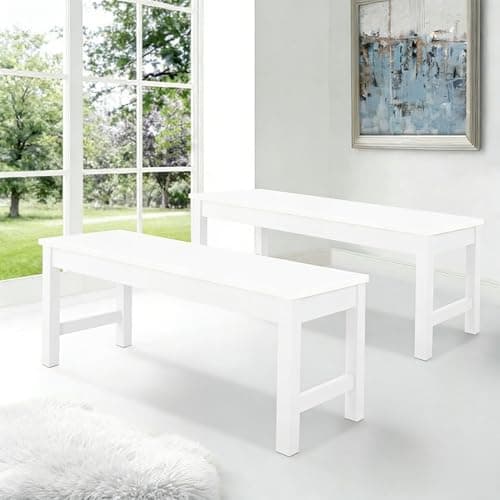 Image of Warmiehomy Set of 2 Dining Bench,Elegant Modern Bench Solid Pinewood & Sturdy Metal Frame, Durable 2-Seater for Living Room, Bedroom, Kitchen, Patio,90CMx35CMx44.5CM, All White Color