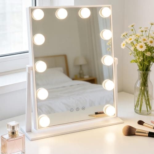 Image of Hibtn Hollywood Vanity Mirror With Lights,Lighted Makeup Mirror With 12 Dimmable Led Bulbs With 3 Color Light,Touchscreen Control, Dressing Tabletop USB Charging