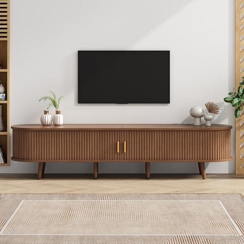 Image of TV Stand with 2 Drawer 2 Sliding Doors 2-Tier Storage Shelf,Oval TV Cabinet Storage Sideboard with Rounded Corners for livingroom bedroom,175*40*42cm,Dark Oak,MDF,weight capacity 30kg,for 70inch TV