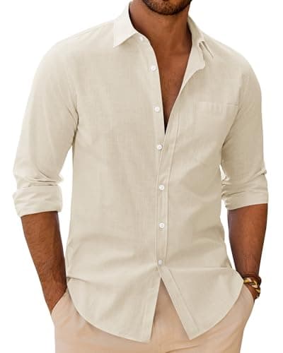 Image of siliteelon Linen Shirts Men Long Sleeve Beige Shirt Cotton Casual Regular Fit Party Beach Summer Holiday Tops with Pocket L