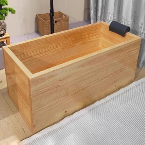 Image of TT-YEC Freestanding Handmade Solid Wood Bathtub, Adult Bathtub with Wooden Bench, Japanese Classic Bathtub with Headrest And Drain Valve, Home Full Body Soaking Tub, Natural Wood,L140CM
