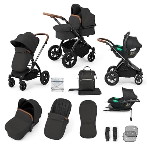 Image of Ickle Bubba Stomp Luxe 12-Piece Travel System with i-Size Cirrus Car Seat & ISOFIX Base – All-Terrain Pram, Reversible Seat, UPF 50+ Hood, Rain Cover & Accessories (Black/Charcoal Grey/Tan)