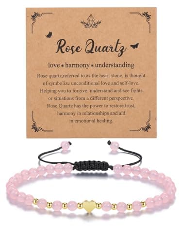 Image of CrystalTears Rose Quartz Crystal Bracelet for Women 4mm Pink Healing Gemstone Beaded Bracelet with Gold Heart Charm Stone Bracelet Jewellry Gifts for Women Girlfriend Mum Birthday Valentine’s Day