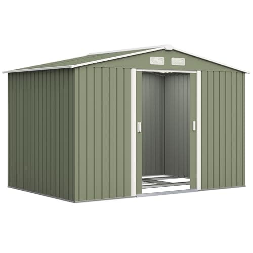 Image of Outsunny 9 x 6ft Metal Garden Shed, Waterproof Outdoor Bike Storage Shed Galvanised with Vents, Foundation Kit, Apex Roof and Lockable Double Doors for Patio Lawn, Light Green