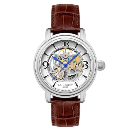 Image of Thomas Earnshaw Longcase Grande Skeleton Men's Automatic Watch 48mm Open Heart Dial Genuine Leather Strap ES-8011, White/Brown, Strap