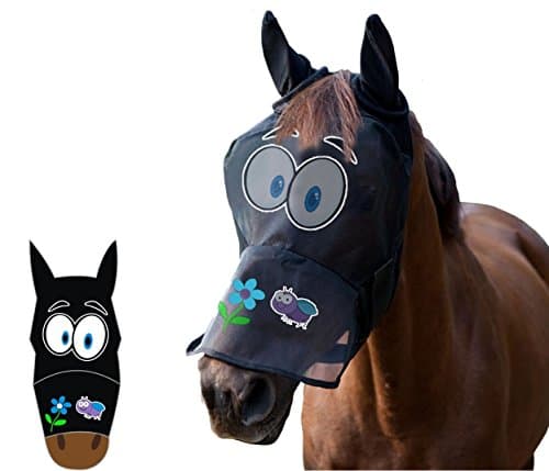 Image of LTG PRO Horse Pony Fly Mask Full Face – Cartoon Funny Print Breathable Mesh with Ears Nose Protection, Anti-Rub Eye Darts, UV Insect Shield – Pony/Cob/Full Sizes (Cartoon Big Eyes, Pony)