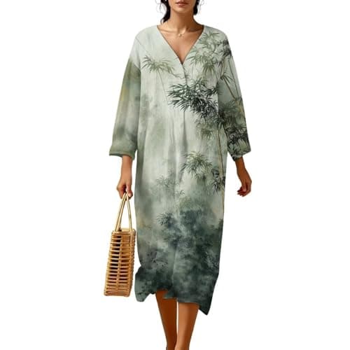 Image of Fiqyvagox Ink Painting Bamboo Green Women's Tunic Dress Plus Size Loose Line Look 3/4 Dresses Linen-Look Polyester Dress for Daily Life, Beach Outings, XXL