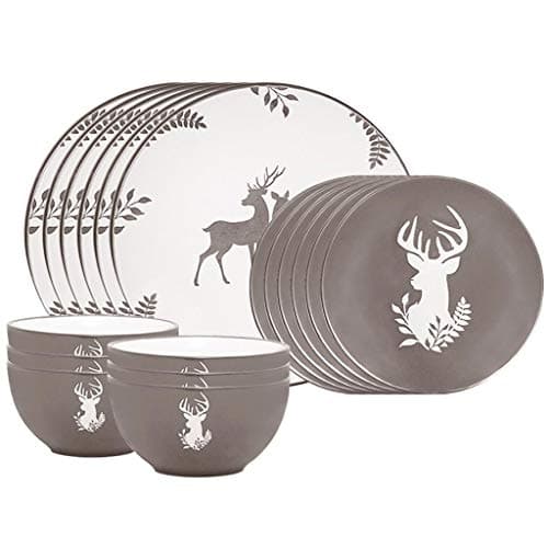 Image of 18 Piece Christmas Dinner Set Dishwasher/Microwave Safe Grey & White Hand Painted Stoneware Crockery Dinner Service for Six - 6 Place Settings of Bowl, Side Plate & Dinner Plate