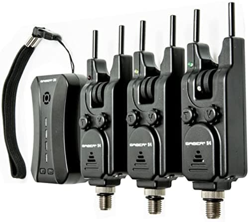 Image of Saber - S4 Wireless Bite Alarms Set - 3 in 1 - Carp Coarse Fishing Set - Adjustable Volume & Tone - 4 Way Receiver - Removable Snag Ears - Vibration Function - LED Lights - Perfect For Fishing