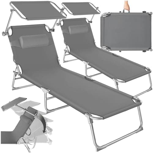 Image of tectake® Robust Steel Sun Lounger, Synthetic Fibre Cover, Adjustable Backrest, Floor-Protecting Caps, Carry Handles, Foldable Design, Quick Setup, Outdoor Patio Garden Furniture, Chair 2 Pack - grey