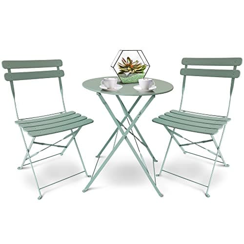Image of SUNMER Patio Bistro Set 3 Piece with Foldable Table and Chairs - Powder Coated Steel Frame, Easy to Transport, Each Chair can Support 120kg - Ideal for Gardens, Patios, Balconies - Mint