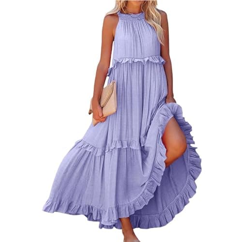Image of Ladies Dresses Size 18-20 2026 Women's Summer Sleeveless Halter Pleated Maxi Dresses Ruffle Flowy Casual Layered Womens Cocktail Long Dress Purple S