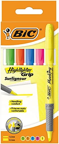 Image of BIC Highlighter Grip, Ribbed Rubber Grip for Extra Comfort, Water-Based Ink, Assorted Colours, Pack of 5