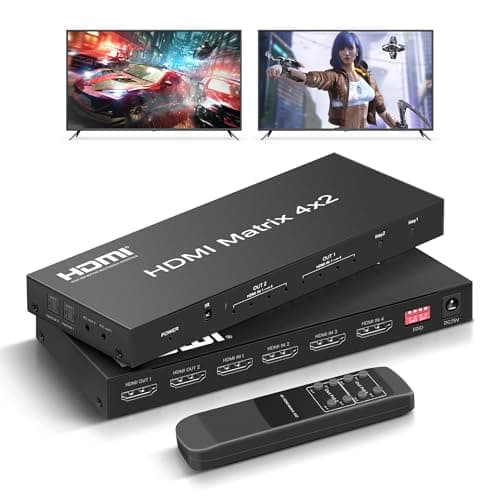 Image of FERRISA 4x2 HDMI Matrix Switch,4 in 2 Out Matrix HDMI Video Switcher Splitter +Optical & L/R 3.5mm Output,Support Ultra HD 4K x 2K,3D 1080P,Audio EDID Extractor with IR Remote Control